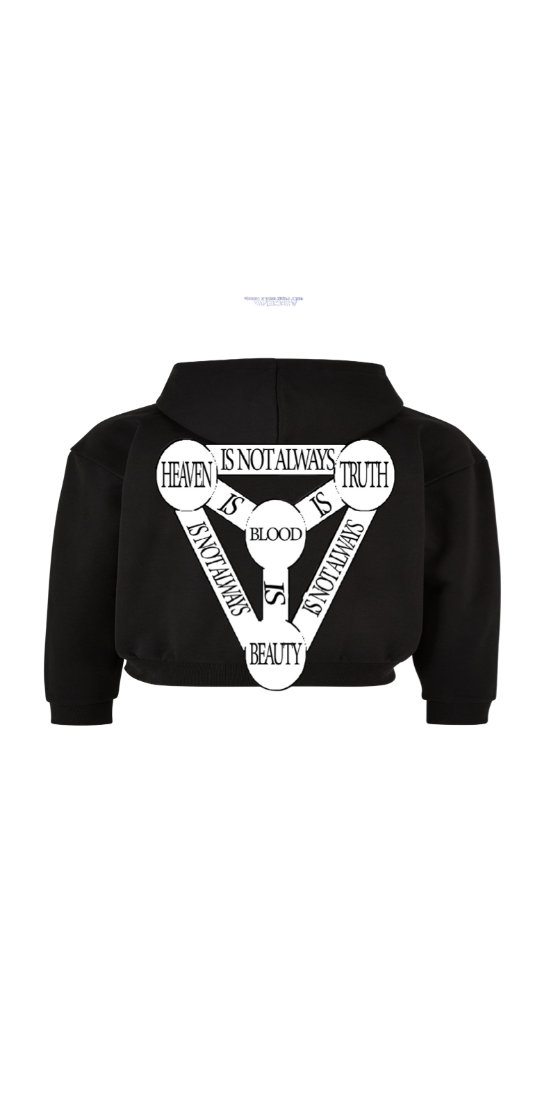 Duvachon ASCEND black hoodie, back, Heaven Truth Blood Beauty triangle