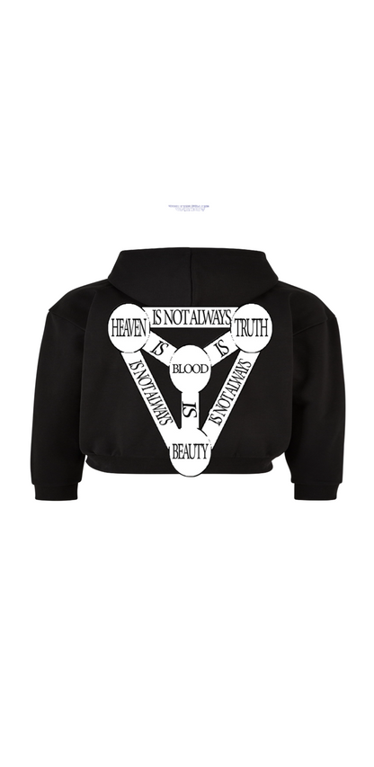 Duvachon ASCEND black hoodie, back, Heaven Truth Blood Beauty triangle